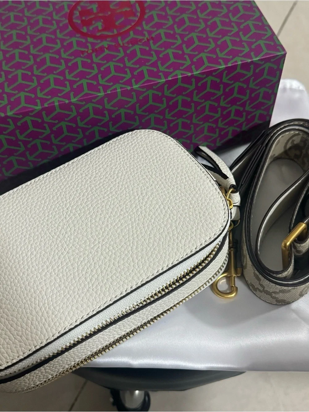 Tory Burch White Pebbled Leather Logo Crossbody